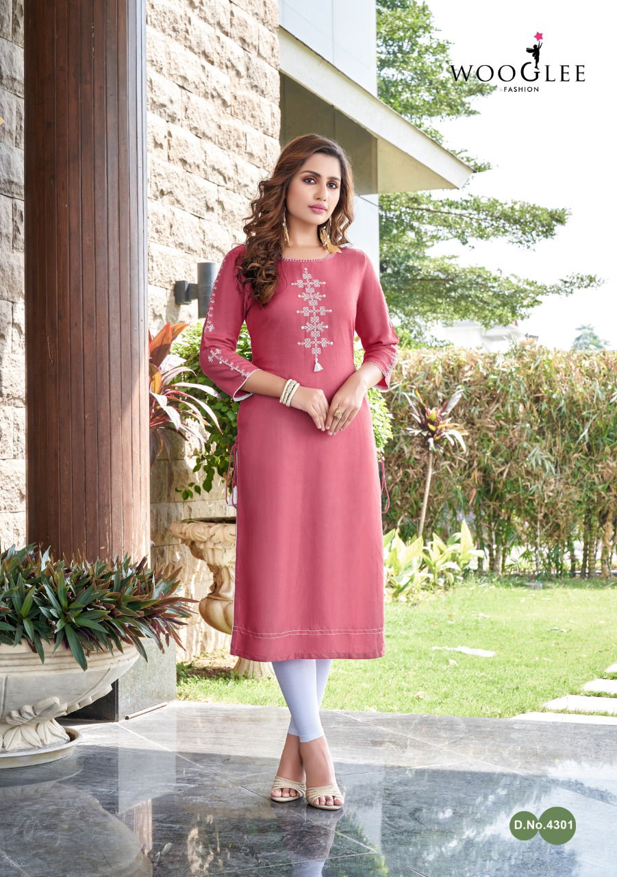 Wooglee Sakshi  Fancy Festive Wear Heavy Rayon Embroidery And  Handwork Designer Rayon Kurtis Collection 
